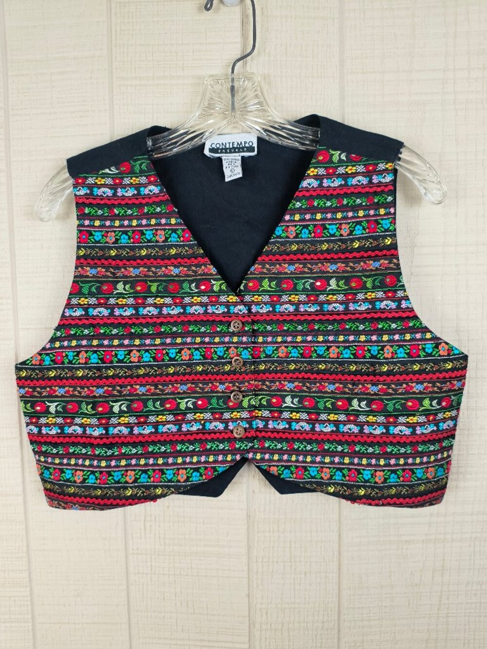 Vintage 90s Contempo Casuals Cropped Vest Embroidered Cotton Boho Eclectic